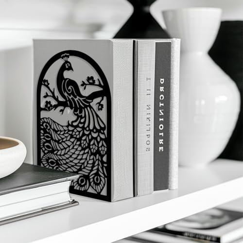 Peacoblue Metal Bookends for Shelves, Modern Decorative Heavy Duty Study Book Support Stoppers for Office, Desk, Shelf, Room 5.3"x4.3"x7.9" Cast Iron Simple Tall Bookends, 1 Pair (Peacock) - style: Peacock