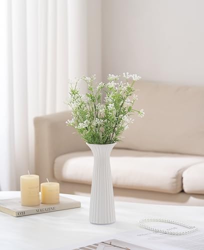White Ceramic Vase for Home Decor, Small Ribbed Flower Vase for Pampas Grass, Modern Farmhouse Decorative Vases for Coffee Table, Bedroom, Living Room, Kitchen, Bookshelf & Centerpiece - color: White