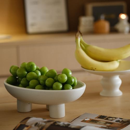 WENSHUO Three-Legs Ceramic Fruit Bowl for Kitchen Counter, Decorative Bowl for Table Décor, 10-inch Oval Large Bowls for Breads (Matte Crème) - color: Matte Crème