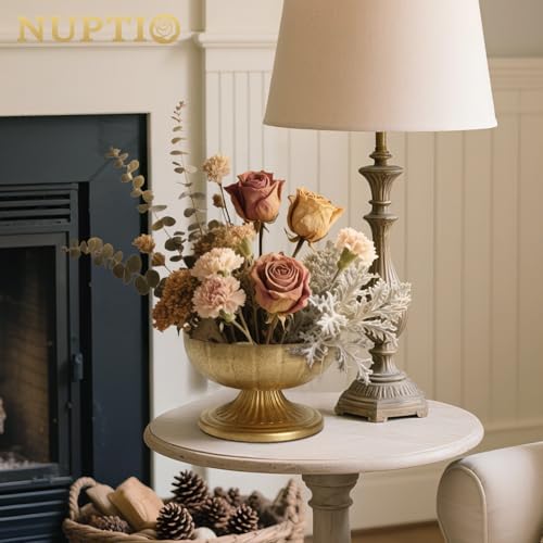 NUPTIO Gold Compote Vase for Centerpiece: 8.5" Wide Short Pedestal Footed Bowl for Flowers - Distressed Brass Urn for Decorative Wedding Table Set of 2 - size: 5.4“H - 2pcs