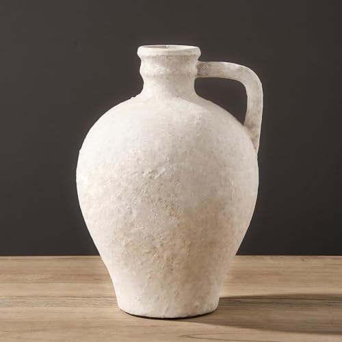 LUKA Ceramic Rustic Farmhouse Vase,8.25 inch Terracotta Vase with Handle,Neutral Clay Pot Vases Decorative Vase for Living Room,Table,Shelf Decor(Off-White,M) - color: Off-white, size: 8.25 inch (H)