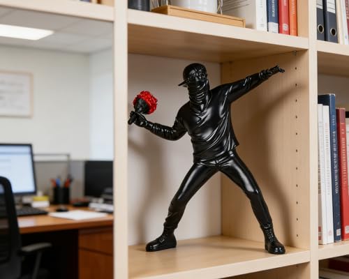 Banksy Flower Thrower Sculpture, 8.5 inch Black Banksy Street Graffiti Art Statue Replica, Inspirational Sculpture Gifts Peace Hope - color: Black