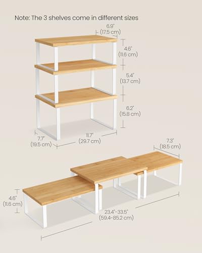 SONGMICS Cabinet Organizer Shelf, Set of 3 Kitchen Counter Shelves, Kitchen Storage, Spice Rack, Stackable, Expandable, Cloud White and Natural Beige UKCS014YL02 - color: Cloud White + Natural Beige