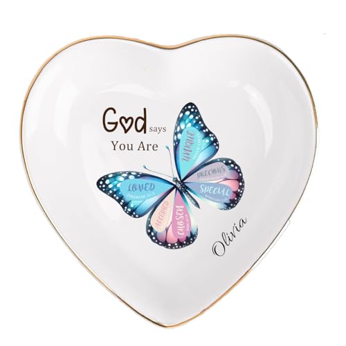 Personalized Ceramic Jewelry Dish, Custom Birth Flower & Name Trinket Tray for Mother's Day, Bridesmaid, Birthday Gift - 4 Shape1s Available (Butterfly Jewelry Tray - Heart) - color: Butterfly Jewelry Tray - Heart
