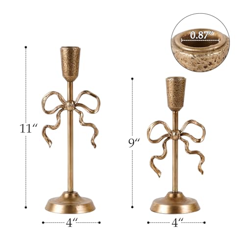 NIKKY HOME Gold Bow Iron Taper Candle Holders Set of 2, Vintage Decorative Candlesticks Centerpieces Decor for Dining Room Table Wedding Party Mantle Fireplace Housewarming Gift
