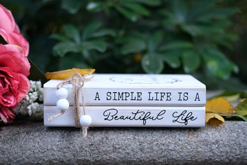 LIVDUCOT Decorative Books for Home, White Faux Books for Decoration, Rustic Farmhouse Display Wood Book Stack Coffee Table Decor Set of 2 (A Simple Life Is A Beautiful Life) - color: Life is beautiful