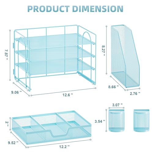 Marbrasse Desk Organizer and Accessories，4-Tier Paper Letter Tray Organizer with File Holder, Desk Accessories & Workspace Organizers with Drawer and 2 Pen Holder (Blue, 15.4" x 9.1" x 8.3") - color: Blue