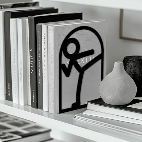 Peacoblue Metal Bookends for Shelves, Modern Decorative Heavy Duty Study Book Ends Stoppers for Office, Desk, Shelf, Room 5.3"x4.3"x7.9" Cast Iron Simple Tall Bookends 1 Pair (Stickman) - style: Stickman