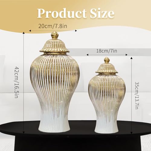 Ginger Jar, White Gold Ceramic Vase Large Handmade Porcelain Vases with Lid, White Gold Decorative Flower Vase for Home, Living Room, Weddings, Centerpieces (B-Large) - size: B-Gold-Large