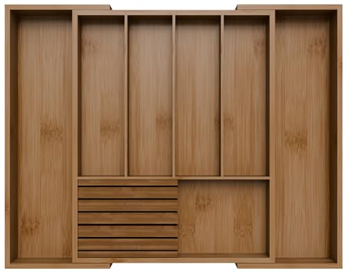 Bamboo Kitchen Silverware Drawer Organizer - Expandable Wood Utensil Holder with Dividers, Luxury Cutlery Storage Tray for Kitchen Utensil and Flatware (5-7 Slots with Removable Knife Block, Walnut) - color: Walnut