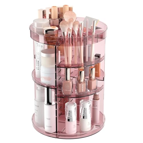 Jiavarry 360 Rotating Makeup Organizer with Lipstick Slots, 8 Adjustable Layers Spinning Skincare Organizers, Large Capacity Desk Storage, Carousel Cosmetic Shelf for Vanity Bathroom Countertop - color: Slot Top Pink