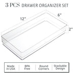 STORi SimpleSort 3-Piece Stackable Clear Drawer Organizer Set | 12" x 6" x 2" Rectangle Trays | Wide Makeup Vanity Storage Bins and Office Desk Drawer Dividers | Made in USA - size: 12x6x2"
