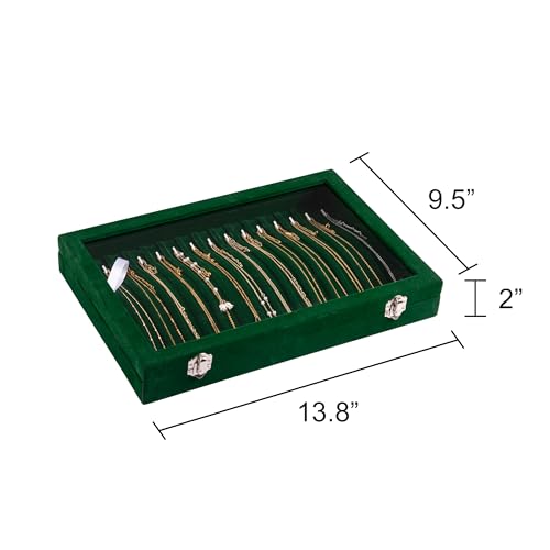 Frebeauty 15 Hooks Necklace Tray Velvet Neckalce Organizer with Clear Lid Lockable Necklace Holder Box Jewelry Organizer for Pendants Chains Necklace Jeweley Tray for Women Girl (Blackish Green) - color: Blackish Green