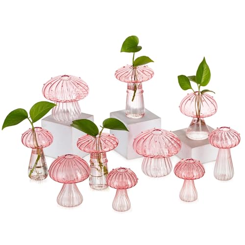Glasseam Mushroom Plant Propagation Stations: Pink Glass Terrarium Jar Set of 10 Cute Planters for Indoor Plants Mini Propagate Station Unique Christmas Birthday Gifts for Women Home Office Decor - color: Pink, size: 10