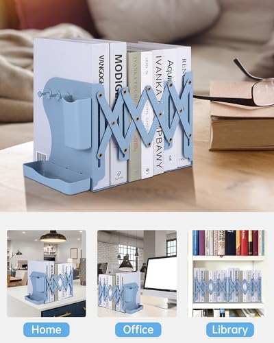 Honagu Adjustable Bookends, Metal Book Ends for Shelves Heavy Book, Bookend for Home, Office, Books, Papers, Book Stopper with Removable Hook, Pen Holder, Gifts for Students, Teachers（Dark Blue） - color: Dark Blue