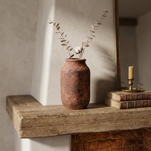 Rustic Terracotta Vase for Home Decor, 9 Inch Farmhouse Ceramic Vases for Centerpieces, Decorative Pottery Flower Vase for Pampas Grass, Living Room Mantle Decor Brown