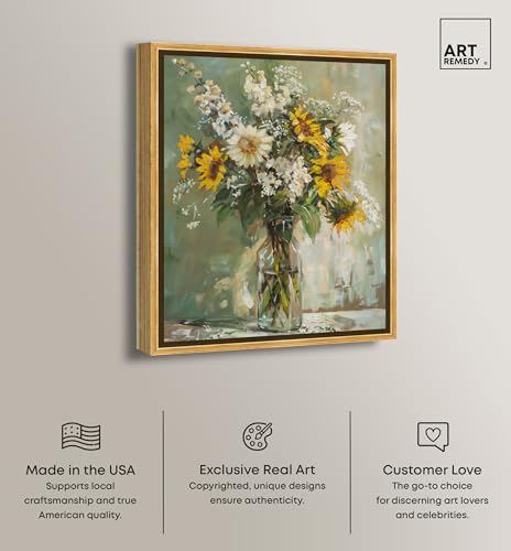 Art Remedy Sunflowers In A Glass Vase Canvas Vintage Farmhouse Wall Art, Gold Frame, 24" x 30" - color: Gold Frame, size: 31"L x 25"W