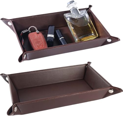 Valet Tray for Men Women 2 Pack - PU Leather Travel Catchall Tray Organizer - Desk Bedside Nightstand Storage Box for Jewelry Key Phone Remote Controller Wallet Watch Glasses -Rectangle - color: Dark Brown Rectangle