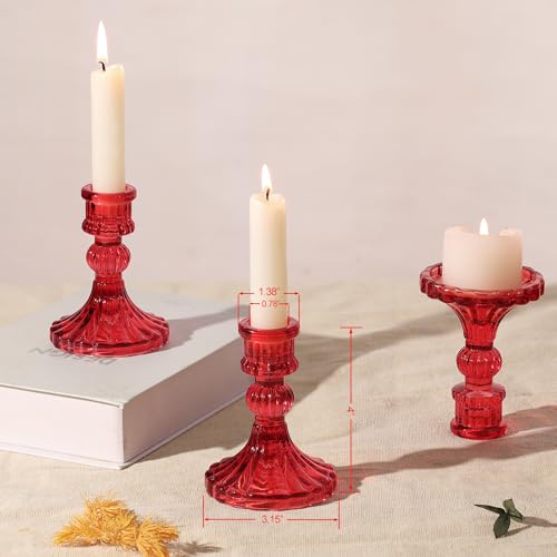 12PCS Red Candlestick Holders Set- 4" H Taper Candle Holders, Glass Candle Holders Bulk for Activities, Party, Home Table Centerpieces, Festival Gifts & Windowsill Decor - color: Red Striped Pattern