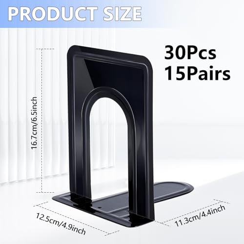 30 PCS/15 Pair Bookends,Black Metal Bookends,Metal Book Ends for Shelves,Non-Skid Bookend,Heavy Duty Bookend for Office Home Kitchen Decorative,6.5 x 4.9 x 5.7in
