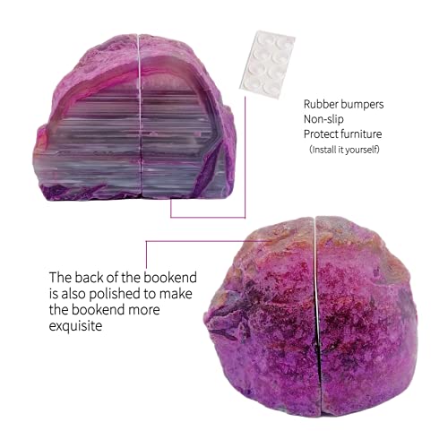 Agate Bookends Pair - Natural Geode Style, Dyed Pink 3-4 lbs Heavy Duty with Rubber Bumpers | Non-Slip Crystal Bookends for Heavy Books | Unique Home Decor - color: Pink, size: 3-4LBS