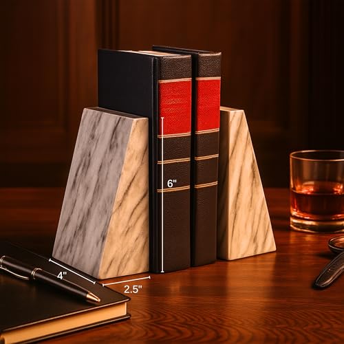 Bey-Berk Harold Carrera Marble Bookends (Grey, Set of 2), 4" x 2.5" x 6" Wedge Book Ends, 6.45 lb Solid Stone Desk and Shelf Decor - color: Gray