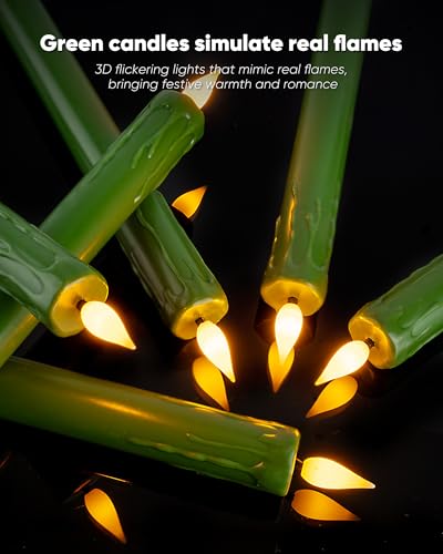 Homemory 6 Pcs Real Wax Green Flameless Taper Candles with Remote Timer, 9.6 Inches LED Fake Candlesticks, LED Candle with 3D Flickering Flame for Romantic Wedding, Dinner, Xmas Anniversary Decor - style: Nature - Green 9.6"