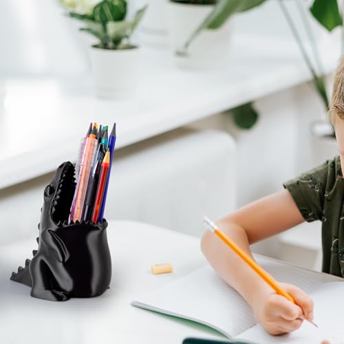 Cute Dinosaur Pen Holder, Dinosaur Figurine Pencil Holder for Office Desk Decor, 3D Printed, Black T-Rex Desktop Organizer, Funny Dinosaur Pen Holder Gifts for children and adults - color: Black, size: Cute Dinosaur
