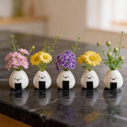 MOUGIGI 5 PCS Mini Flower Vase, Handmade Ceramic Rice Ball (Japanese Onigiri) Miniature Vases, Charming and Cute Design, Perfect for Dry Flowers - Bulk Bud Vases, Unique and Adorable Japanese Craft - color: 5 Pcs Rice Ball Vase