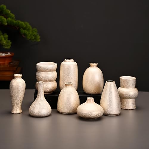Set of 9 Ceramic Bud Vases for Pampas Grass Flowers, Small Vases in Bulk for Centerpieces Boho Vases for Wedding Decorations Neutral Living Room and Bedroom Decor DIY Gift (Gold) - color: Gold
