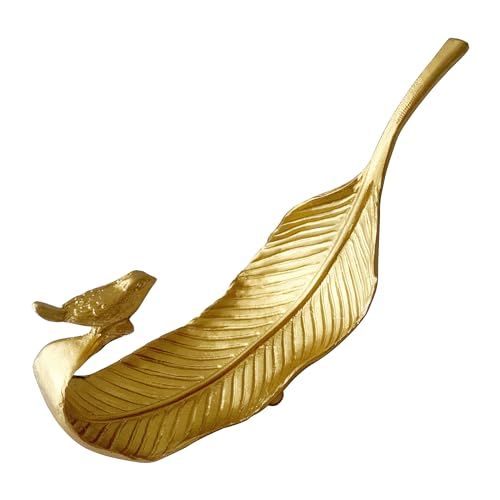 Small Leaf Shaped Trinket Dish, Decorative Gold Jewelry Dish Tray, Ring Hodler Dish Jewelry Organizer - color: Bay Leaf with Bird