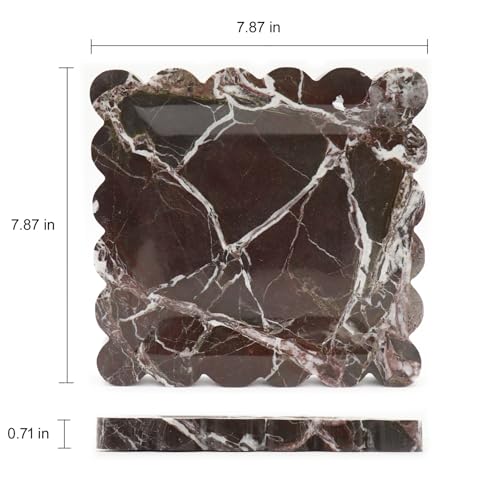 Square Marble Decorative Tray with Scalloped Edge, Luxury Natural Stone Bathroom Vanity Tray, Dresser Top Perfume Coffee Home Kitchen Sink Tray, Key Trinket Ring - color: Rosso Lepanto