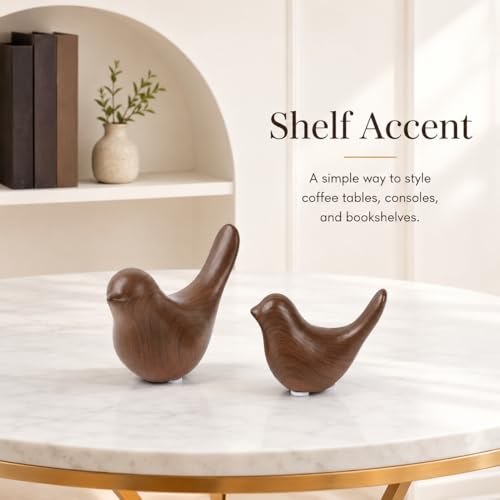 2 Pcs Ceramic Bird Figurines with Dark Wood Grain Look, Small Bird Statues for Home Decor, Modern Animal Sculptures, Shelf Decor, Bookshelf Decor, Tabletop Decorations for Living Room Office - color: Dark Wood Grain