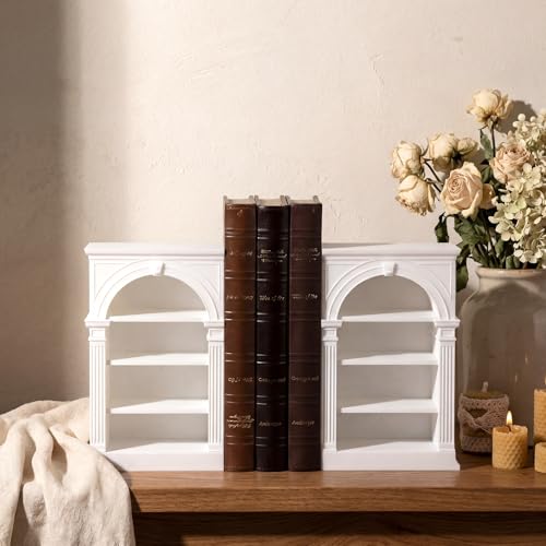2 Pcs White Bookshelf Decorative Bookends 3D Printed Plastic Bookshelf Designed Decor Bookstopper for Book Lovers Blank Decorative Holder for Mini Book Home Office Decor