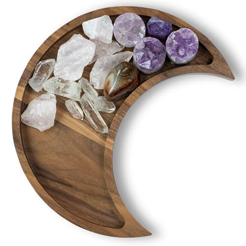 Walnut Moon Crystal Display Tray - Gothic Wooden Altar Tray 9.5" x 4.5" for Crystals and Stones Storage - Solid Wood Jewelry Organizer Dish - Spiritual Decor - color: Walnut