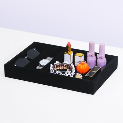Bedside Organizer Tray, Desktop Storage Tray for Jewelry, Sunglass, Phone, Watch, Perfume,Lipstick, Nightstand Desk-top Catchall, Multi-use Holder for Desk Drawer (Black 3Grid) - color: Black Velvet, size: 3 Grid