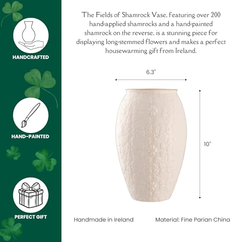 Belleek Field of Shamrocks Vase - White Flower Vase Handcrafted Fine Parian China Irish Decor, 6.3" W x 10" H