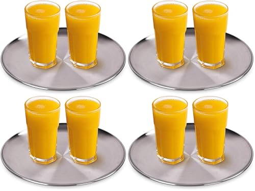 WHOLE HOUSEWARES Metal Serving Tray - Round Silver Serving Tray - Circular Metal Platter - Cocktail Serving Bar Tray - Chrome-Plated Steel Tray for Coffee Table - 13.3 x 0.4 inches (Pack of 4) - size: 13.4" (Pack of 4)