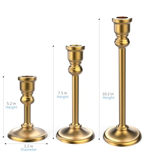 3-Piece Metal Candle Holders Set - Heavy Duty Alloy Taper Candlesticks for Table Centerpiece, Christmas, Dinner Party, Vintage Home Decor - 5-7.5 -10.3Inch Tall, Antique Gold Finish (Gold) - color: Gold