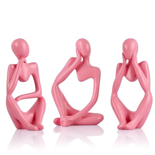 Pink Thinker Statue Set of 3 - Pink Statue Decor for Table, TV Stand, Shelf, Desk - Resin Figurines for Living Room, Minimalist Bookcase Decorative, Modern Sculpture, Home Accents - color: Pink