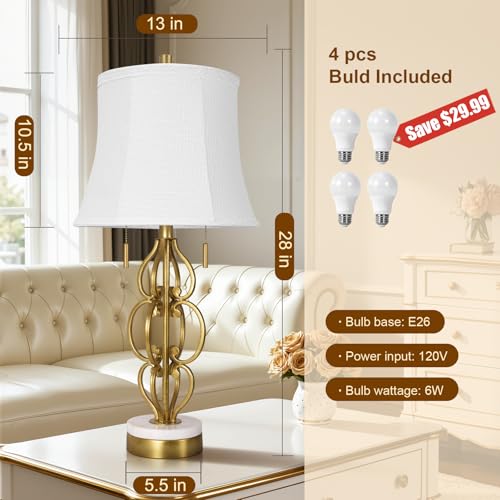 Scenekoy Table Lamp Set of 2 with USB Ports, Pull Chains Switch, 28” Gold Leaf Curved Iron Art Bedside Lamps with Linen Shade for Living Room Bedroom, Nightstand Lamps for Home Room Decor - size: 28 inches Gold Leaf -039