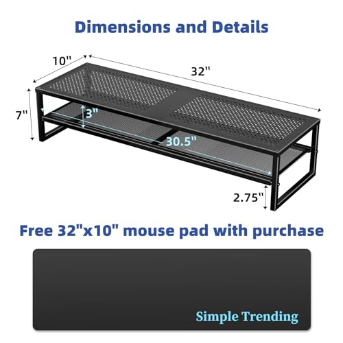 Simple Trending 2 Tier Metal Dual Monitor Stand Riser with 32"x10" Mouse Pad, Computer Desk Organizer for 2 Monitors, Laptop, Printer, TV, Black - color: Black, size: 32"L x 10"W x 7"H