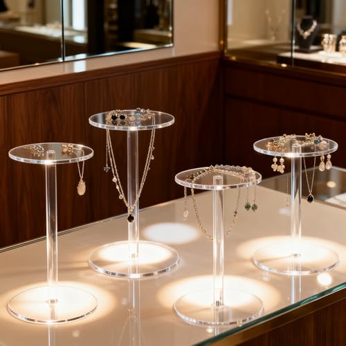 4 Pack Round Acrylic Display Stands, 5.5-5.9-6.5-7in Small Clear Acrylic Display Risers, Plastic Clear Pedestal Set for Gem Jewelry Display, Cupcake Party Table Decor