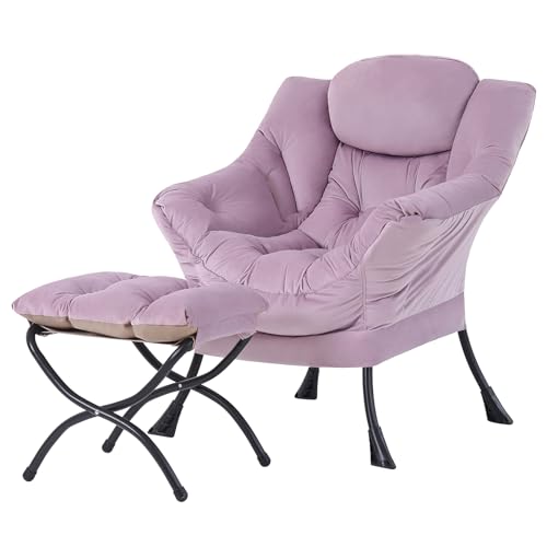 Tiita Lazy Chair with Ottoman, Purple Modern Large Accent Armchair, Comfy Leisure Sofa Reading Chair with Footrest for Bedroom, Living Room, Dorm Rooms, Garden, Velvet Light Purple - color: Light Purple
