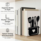 2pcs Black Metal Bookends with Tableware Patterns Adjustable Book Ends for Shelves Heavy Duty Iron Book Stopper with 8 Non-Slip Pads Kitchen Bookends for Cookbooks Vinyl Records Office