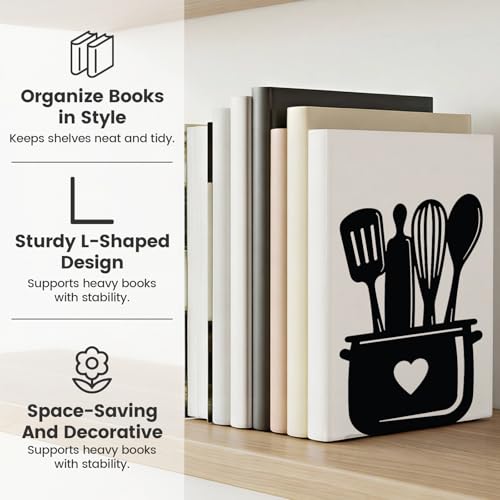 2pcs Black Metal Bookends with Tableware Patterns Adjustable Book Ends for Shelves Heavy Duty Iron Book Stopper with 8 Non-Slip Pads Kitchen Bookends for Cookbooks Vinyl Records Office
