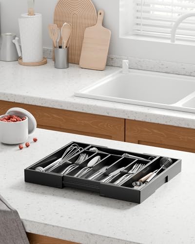 Kitsure Silverware Organizer - Expandable Bamboo Kitchen Drawer Organizer for Cooking Utensils and Cutlery, Sturdy & Thickened Kitchen Organizers and Storage Solution, Large, Black - color: Black, size: Large