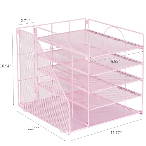 LEKETREE Desk Organizers and Accessories, 5-Tier Paper Letter Tray Organizer with File Holder, Desktop Organizer for Office Supplies (Pink) - color: Pink, size: 12" x 12" x 12"