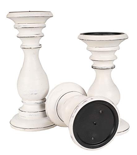 Candle Holders Set of 3 (10",8" & 6" Height)_White Antique,Pillar Candle Holder in Mango Real Wood,Decorative Candle Holders for Table Centerpiece, Wedding, Party, Home Décor, Spa, Farmhouse, Gifting - color: White Antique, size: 10"+8"+6" - High