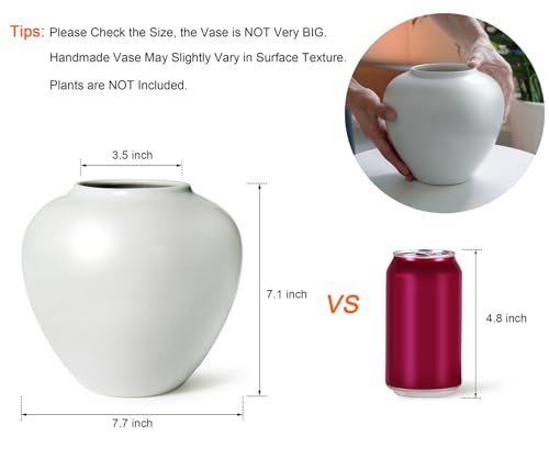 GeLive Short Round White Ceramic Vase Table Centerpiece Moon Jar Jingdezhen Handmade Pottery Vase Glossy Finish Planter Pot Waterproof for Fresh Dried Flower Home Decor Kitchen Utensil Holder - color: White